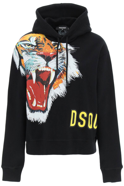 Shop Dsquared2 Tiger Printed Drawstring Hoodie In Black