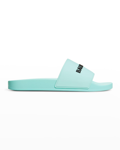 Shop Balenciaga Men's Logo Pool Slide Sandals In Mint/blk