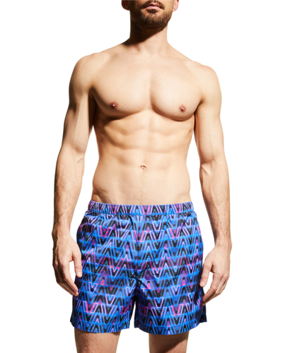 Shop Valentino Men's Neon V Optical Swim Shorts In Lt Blue Multi