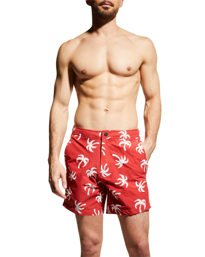 Shop Onia Men's Calder 6" Palm Tree-print Swim Trunks In Red Rock