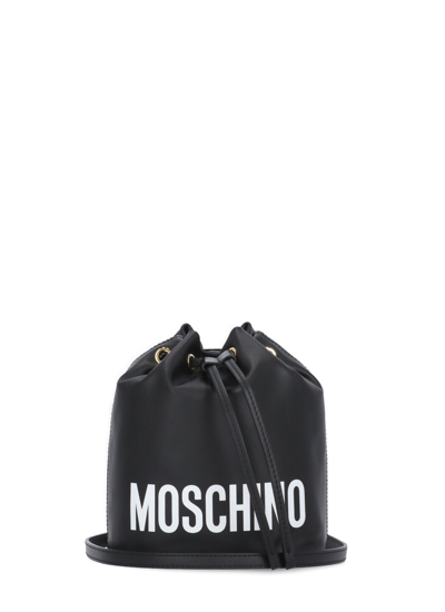 Shop Moschino Logo Printed Bucket Shoulder Bag In Black