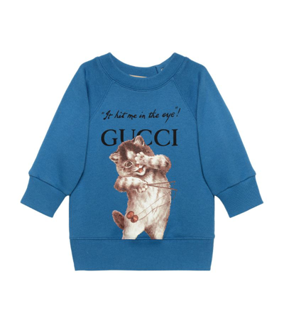 Shop Gucci Kids Cotton Cat Motif Logo Sweatshirt (12-36 Months) In Blue