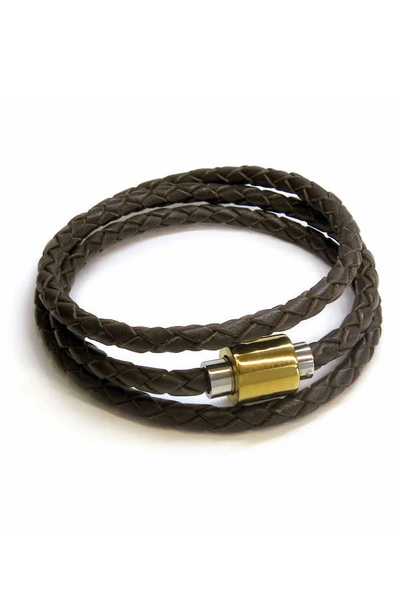Shop Liza Schwartz Braided Leather Stainless Steel Magnetic Clasp Triple Wrap Bracelet In Brown
