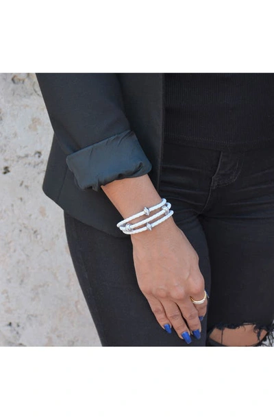 Shop Liza Schwartz Good Karma Leather Triple Wrap Bracelet In Silver/ Snow White