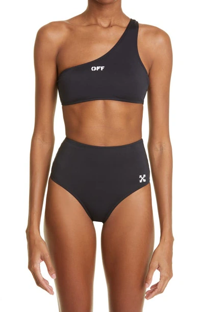 Shop Off-white Logo One-shoulder Two-piece Swimsuit In Black White