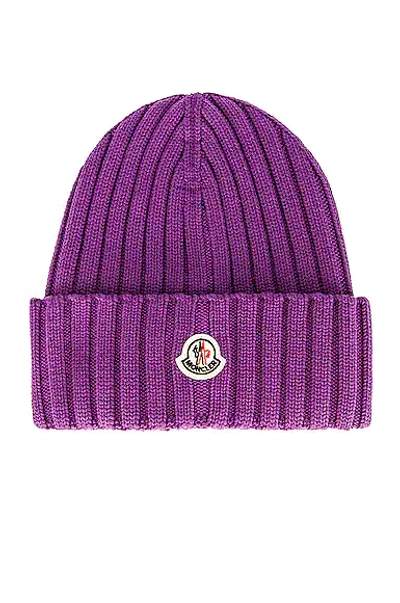 Shop Moncler Ribbed Beanie In Lavender
