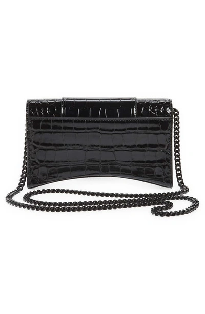 Shop Balenciaga Hourglass Croc Embossed Leather Wallet On A Chain In Black