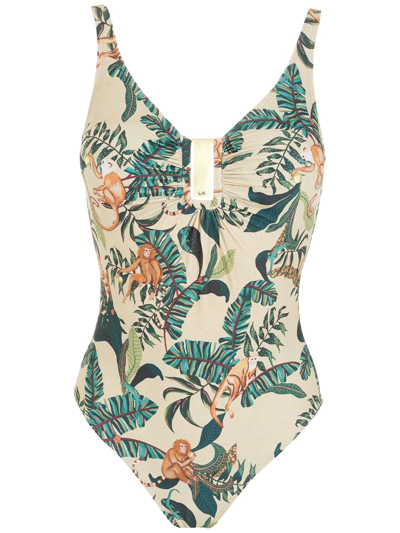 Shop Lygia & Nanny Mirassol Leaf-print Swimsuit In Neutrals