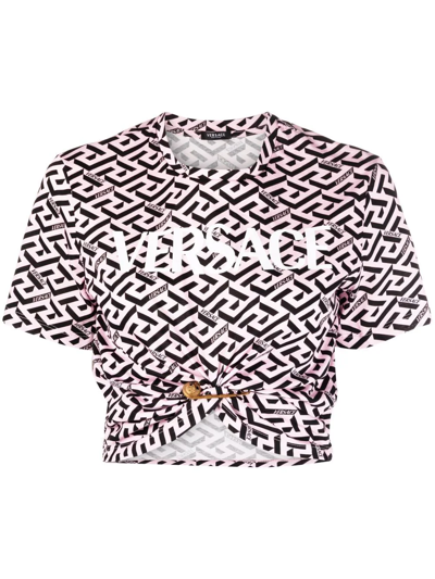 Shop Versace Logo-print Cropped T-shirt In Pink