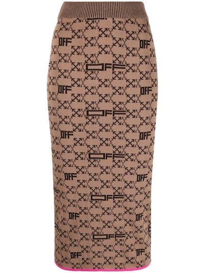 Off-white Intarsia-knit Arrows-logo Pencil Skirt In Brown