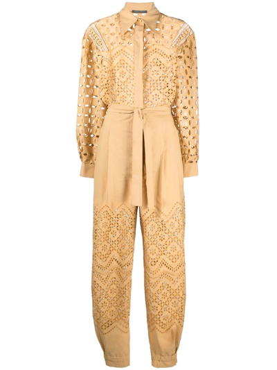 Shop Alberta Ferretti Broderie Anglaise Belted Jumpsuit In Yellow