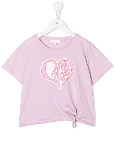 Shop Chloé Tie-detail Logo-heart Print T-shirt In Purple