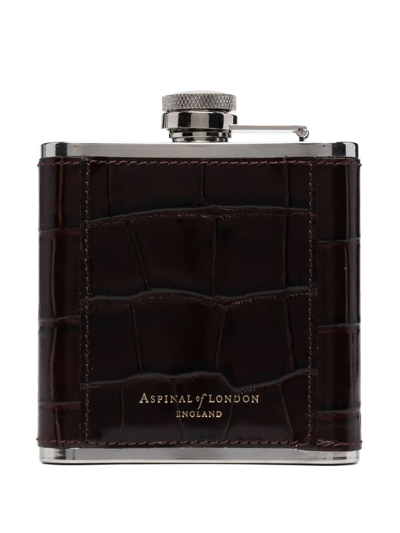 Shop Aspinal Of London 5oz Croc-effect Hip-flask In Brown