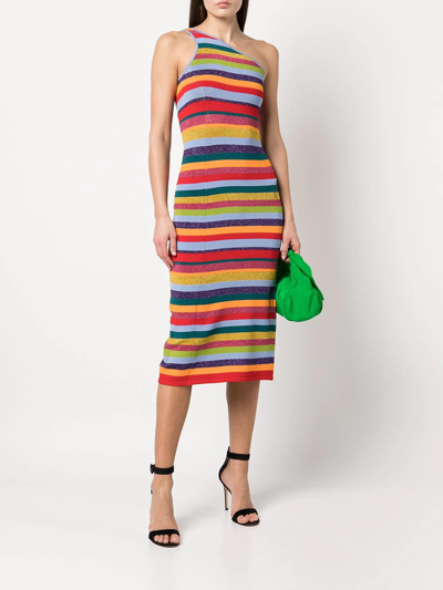 Shop Milly Multi-stripe One-shoulder Dress In Orange