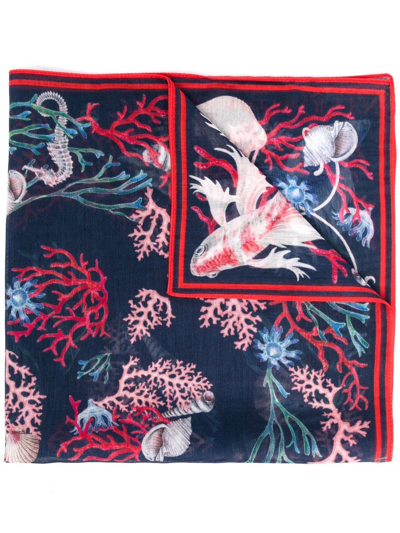 Shop Alexander Mcqueen Underwater-print Silk-cotton Scarf In Blue