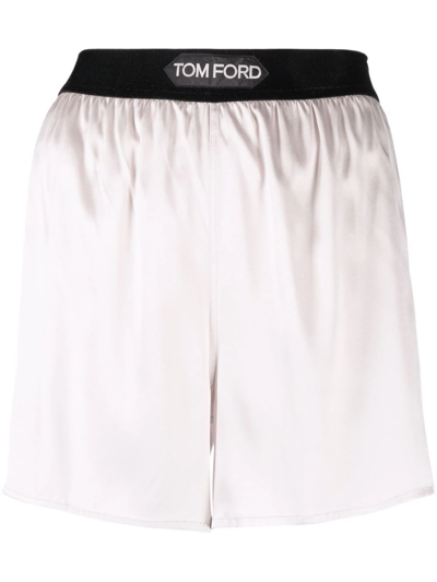 Shop Tom Ford Logo-waistband Silk-blend Shorts In Neutrals