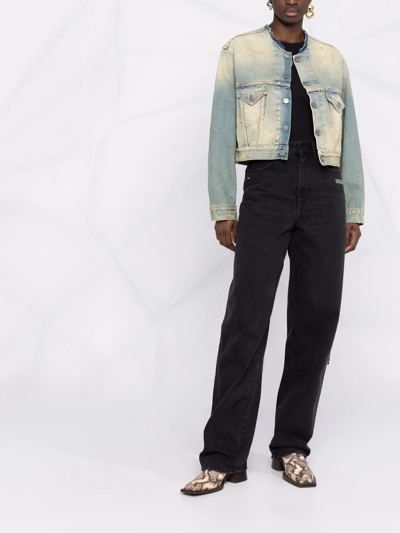 Maison Margiela Distressed-effect Collarless Denim Jacket In Blue