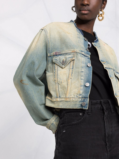 Maison Margiela Distressed-effect Collarless Denim Jacket In Blue