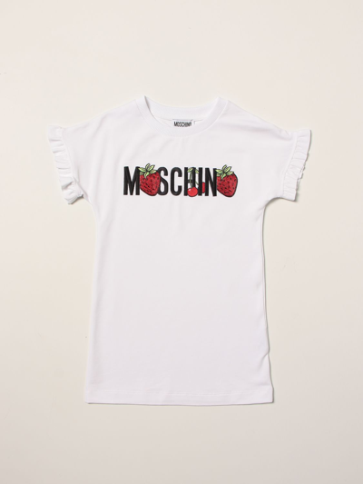 Shop Moschino Kid Dress With Strawberry Print In White