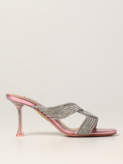 Shop Aquazzura Gatsby  Heeled Mules With Rhinestones In Pink