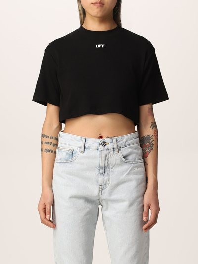 Shop Off-white Cropped Top In Cotton With Logo In Black