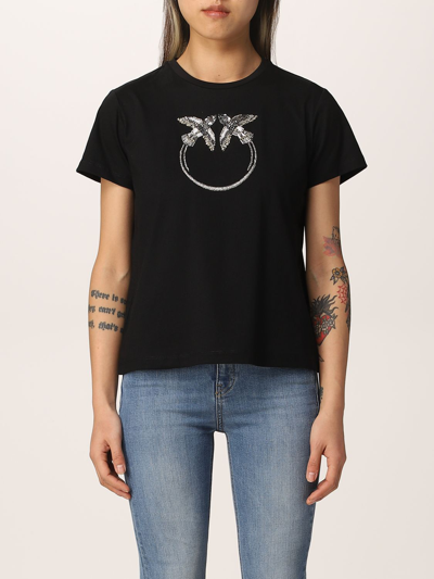 Shop Pinko Cotton T-shirt With Love Birds In Black