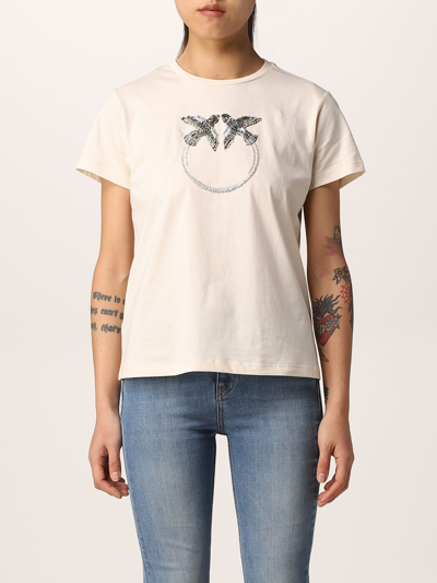 Shop Pinko Cotton T-shirt With Love Birds In White