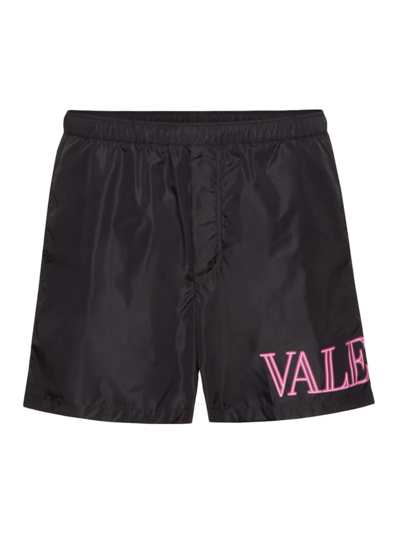 Shop Valentino Men's Taffeta Logo Swim Shorts In Nero