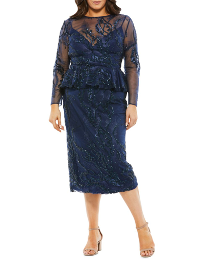 Shop Mac Duggal Women's Plus Size Beaded Feather Peplum Dress In Midnight