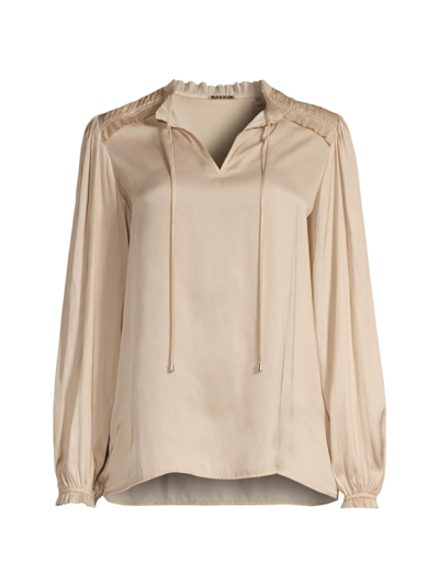 Shop Elie Tahari Women's Pleated Satin Ruffle-trim Blouse In Fawn