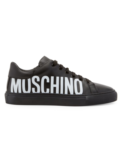 Shop Moschino Side-logo Leather Sneakers In Nero