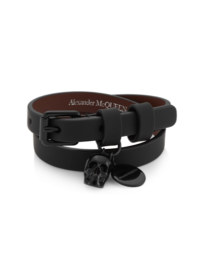 Shop Alexander Mcqueen Men's Double-wrap Leather Skull Bracelet In Black