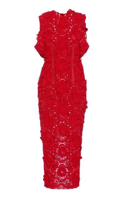 Shop Prada Women's Rose-appliqued Cotton-blend Lace Midi Dress In Red