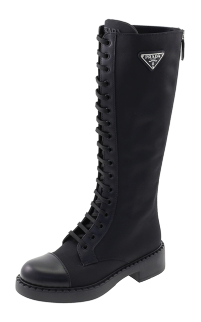 Shop Prada Leather-trimmed Nylon Lace-up Knee Boots In Black