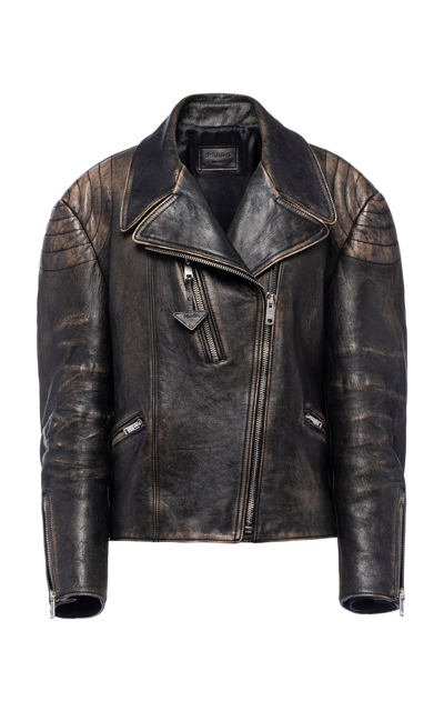 Shop Prada Women's Textured Leather Motorcycle Jacket In Black