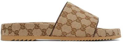 Shop Gucci Beige Canvas Gg Slide Sandals In 9763 Beige Ebony/lig