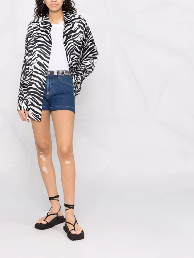 Philipp Plein Rhinestone Logo Waistband Denim Shorts In Blue