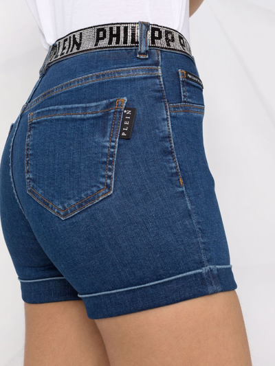 Philipp Plein Rhinestone Logo Waistband Denim Shorts In Blue