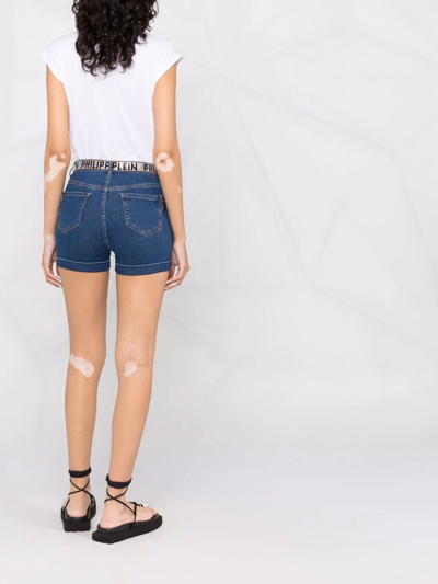 Philipp Plein Rhinestone Logo Waistband Denim Shorts In Blue
