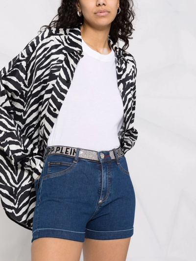 Philipp Plein Rhinestone Logo Waistband Denim Shorts In Blue