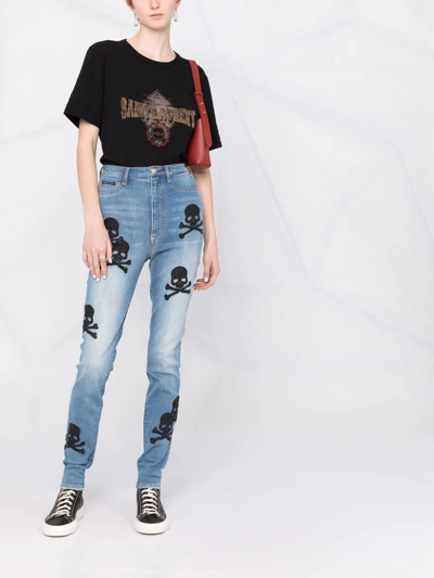 Shop Philipp Plein Skull-patches High-waisted Skinny Jeans In Blau