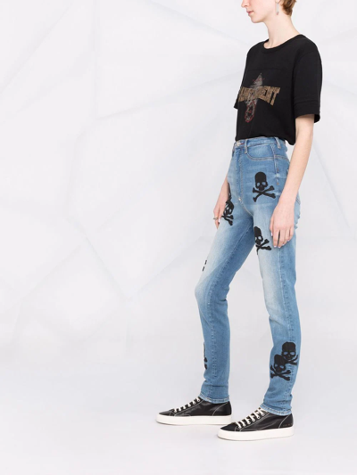 Shop Philipp Plein Skull-patches High-waisted Skinny Jeans In Blau