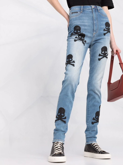 Shop Philipp Plein Skull-patches High-waisted Skinny Jeans In Blau
