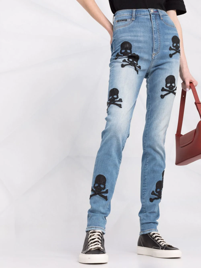 Philipp Plein Skull-patches High-waisted Skinny Jeans In Blau