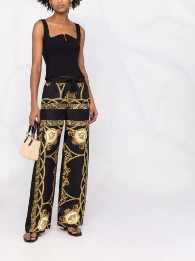 Shop Versace La Coupe Des Dieux-print Wide-leg Silk Trousers In Schwarz