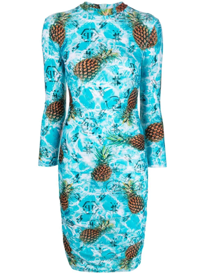 Shop Philipp Plein Pineapple Skies Short Dress In Blue