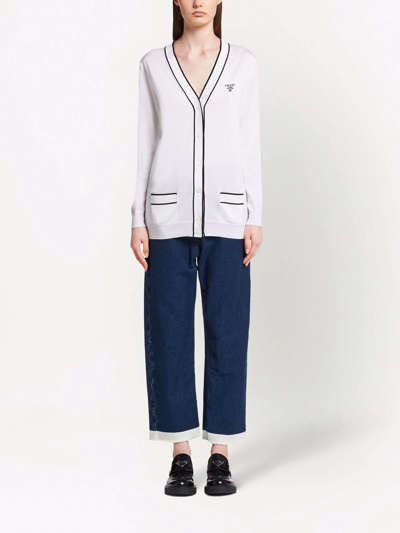 Prada Logo-knitted V-neck Cardigan In Weiss