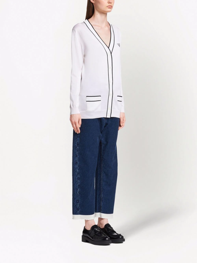 Prada Logo-knitted V-neck Cardigan In Weiss