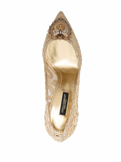 Shop Dolce & Gabbana Logo-plaque Pointed-toe Pumps In Gold