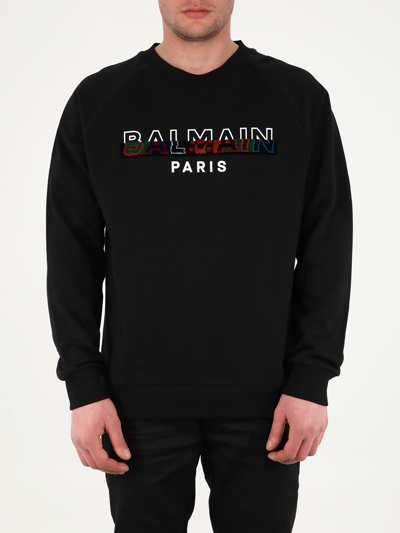Shop Balmain Black Sweatshirt With Multicolor Logo